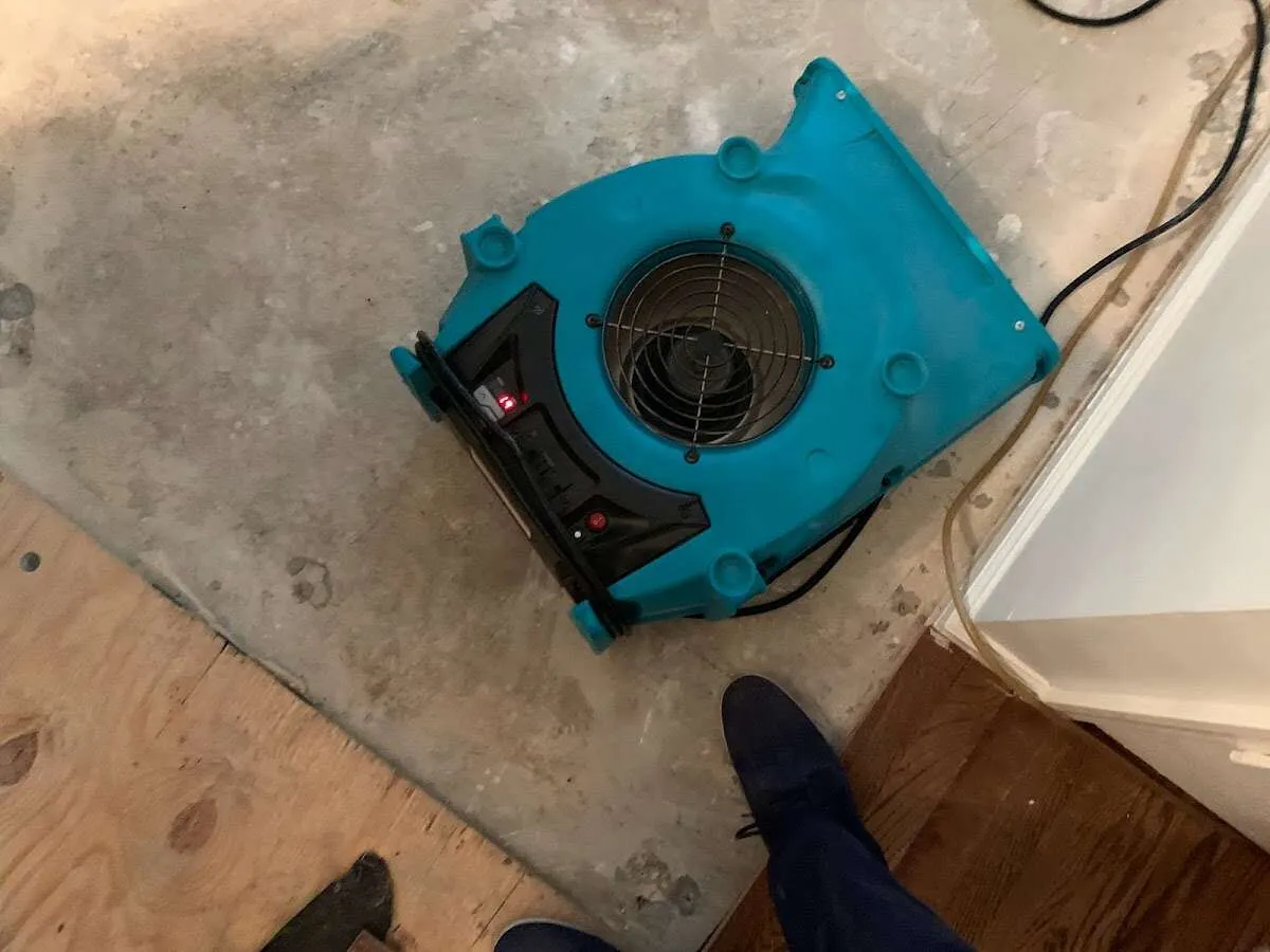 Air mover drying subfloor during Leak Detection & Repair in New Carlisle